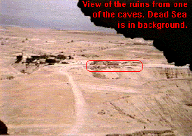 PH 1QUMRAN18: QUMRAN RUINS FROM CAVE ABOVE, WITH DEAD SEA IN BACKGND %